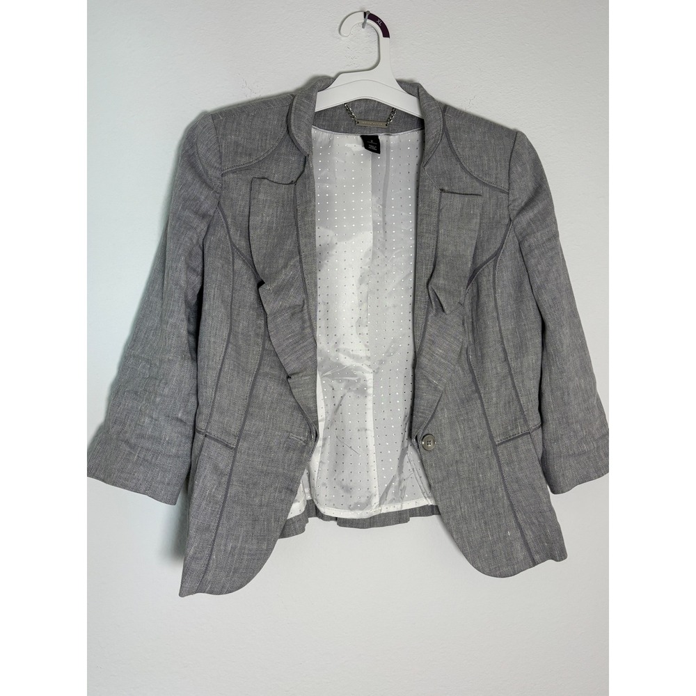 White House Black Market Gray Ruffle Front Blazer Jacket 3/4 Sleeve Size 2